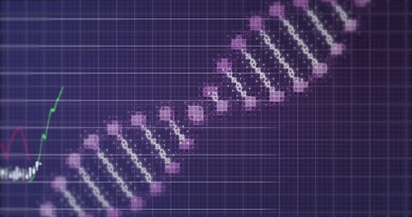 Displaying stylized DNA double helix formed by pixels on violet grid UI, with colored line chart