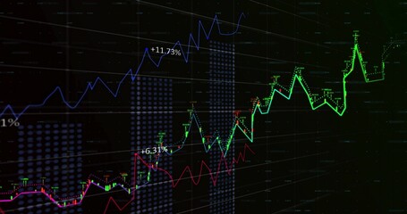 Displaying green blue red trend lines on dark grid trading screen, showing +11