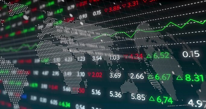 Showing dotted world map overlaying grid display, with green market line, tickers and dashed lines