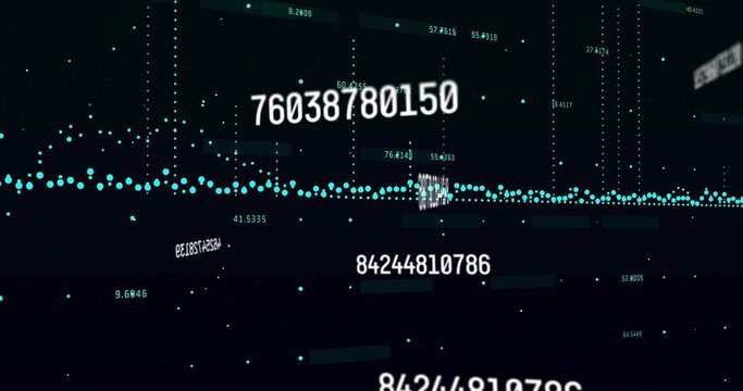 Streaming turquoise waveform fluctuating through data matrix, with numeric sequences and code