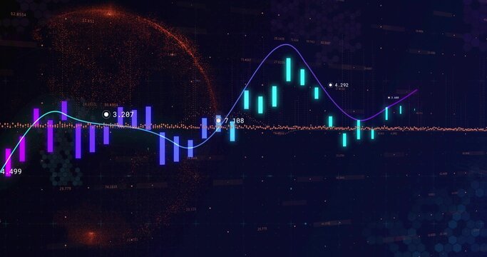 Displaying market chart on dashboard, with candlestick bars, curved line and glowing sphere