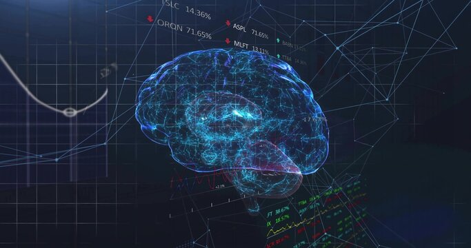 Floating neon-blue holographic brain model glowing in grid with network nodes, percent data labels