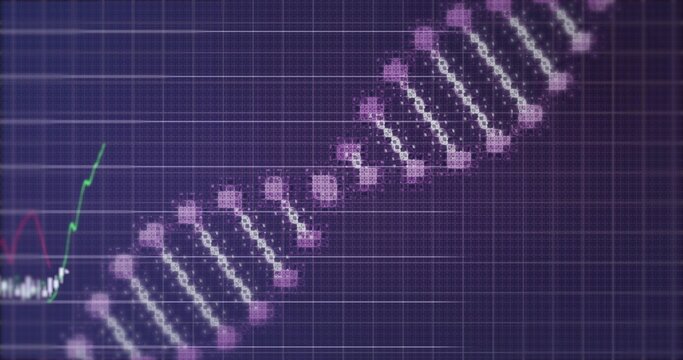 Displaying stylized DNA double helix formed by pixels on violet grid UI, with colored line chart