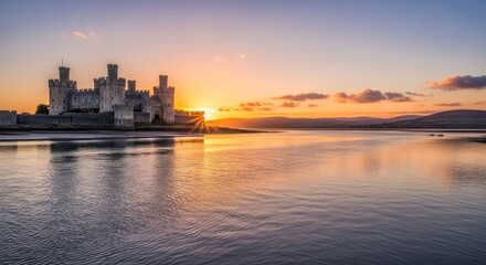 Naklejka premium Majestic castle at sunrise over tranquil water