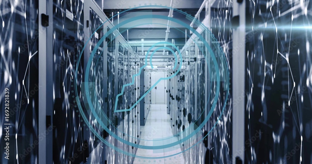 Aufkleber floating blue digital key symbol hovering in data center corridor, with server racks, patch cables