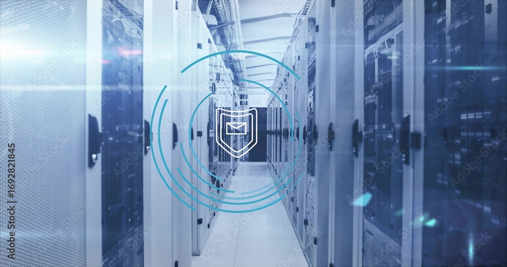 Poster displaying email shield icon floating in data center corridor, with server racks and cable trays