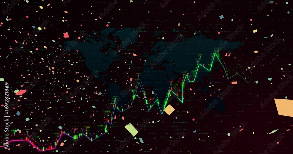 Poster displaying neon line chart rising over world map silhouette on ui with drifting shapes, data points