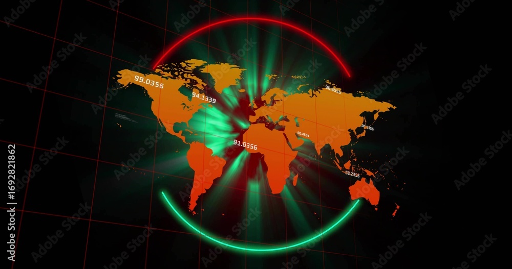 Aufkleber displaying world map on dashboard, with neon arcs radial light beams numeric labels and grid lines