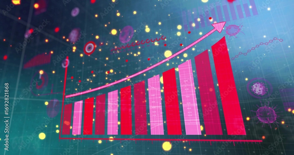 Poster showing upward trending bar chart on grid lines with curved arrow, particles, targets, virus shapes