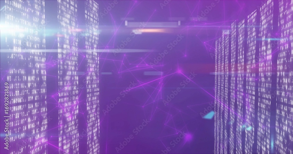 Aufkleber digital data visualization presenting cascading binary panels in data corridor, with glowing nodes