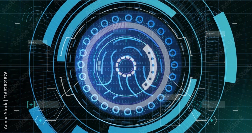 Poster displaying central biometric fingerprint icon rotating on virtual interface, with binary code rings