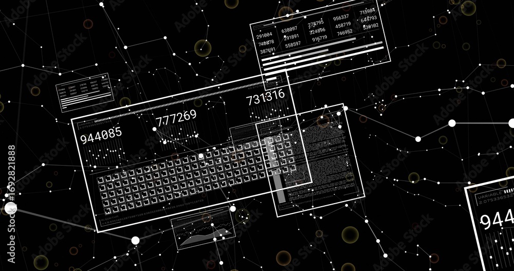 Poster displaying data interface showing grid and numeric readouts in virtual data network, with panels