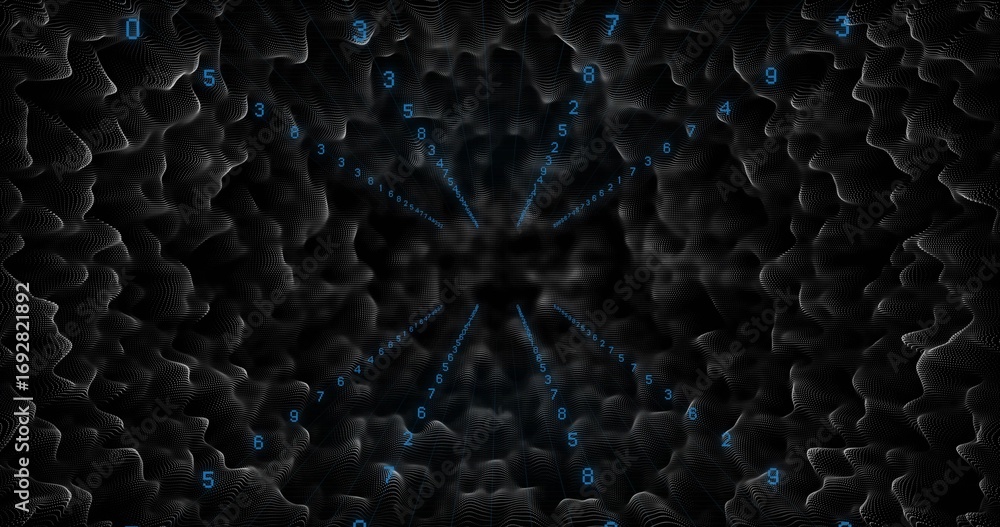 Poster swirling vortex streaming blue digits inside data-space tunnel, with white wireframe mesh walls