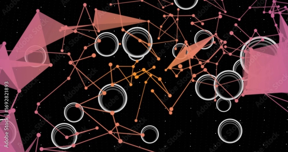 Aufkleber displaying abstract network on screen, with colored nodes, white rings and translucent triangles