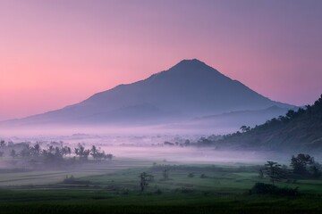 Fototapeta premium Tranquil valley with lush rice fields, mist rising through the trees, and a large mountain in the background at sunrise. 