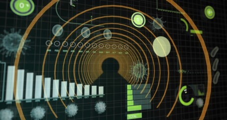 Showing silhouette in orange rings on dashboard with monthly chart, green bar chart and virus icons