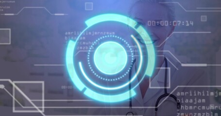 Doctor in lab coat viewing digital interface in clinic, with stethoscope, data overlays, copy space