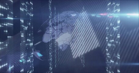 Rotating holographic globe of Earth within cyber control hub, with data towers and light streaks