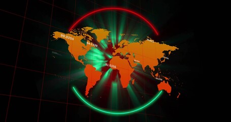 Obraz premium Displaying world map on dashboard, with neon arcs radial light beams numeric labels and grid lines
