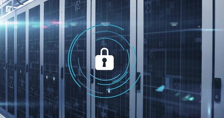 Padlock icon hovering over server racks in data center with visible cabling, enhancing security
