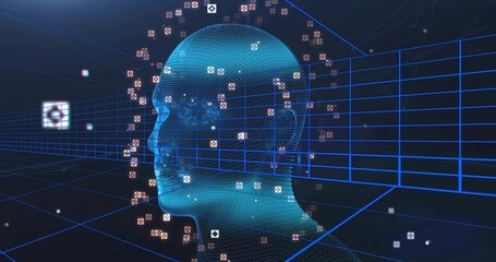 Digital mesh head glowing in virtual cyberspace, with floating square data icons and wireframe grid