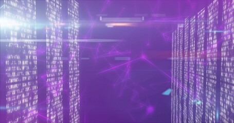 Digital data visualization presenting cascading binary panels in data corridor, with glowing nodes