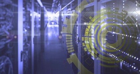 Server racks extending down data center aisle, with cables overhead and LED lights, digital overlay