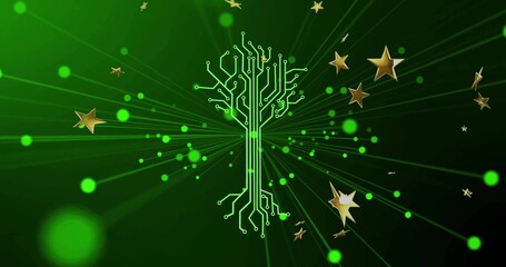 Radiating green circuit-tree shape glowing in virtual environment, with gold stars and glowing orbs