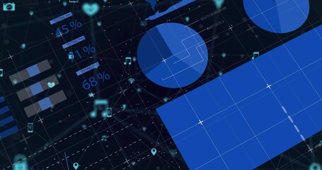 Rendering interface in dark grid, showing blue charts, blue block, 45%, 1%, 68% labels and icons