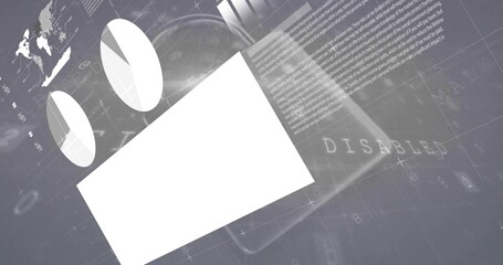 Displaying white tilted rectangle covering digital grid with world map, disabled text, light beams