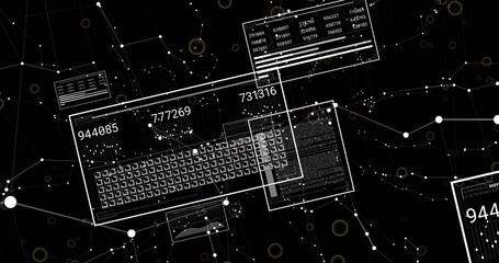 Displaying data interface showing grid and numeric readouts in virtual data network, with panels