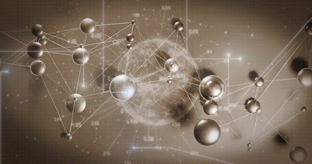 Linking spheres and lines around core sphere into data network in space, with numeric readouts