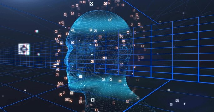 Digital mesh head glowing in virtual cyberspace, with floating square data icons and wireframe grid