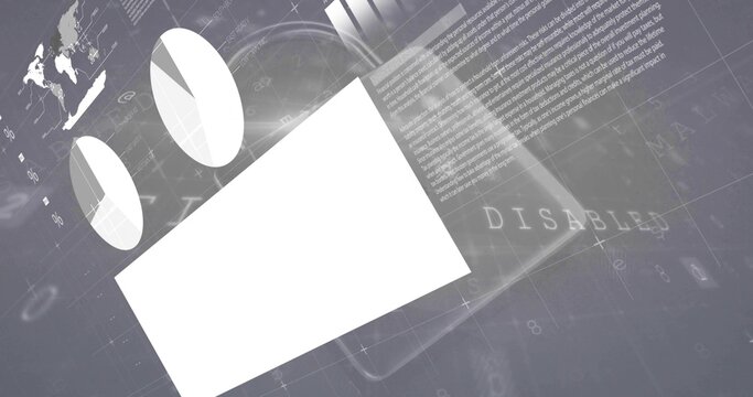 Displaying white tilted rectangle covering digital grid with world map, disabled text, light beams