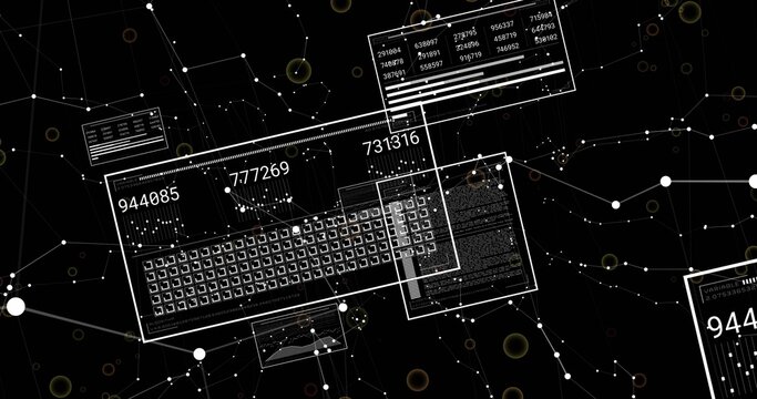 Displaying data interface showing grid and numeric readouts in virtual data network, with panels - Powered by Adobe