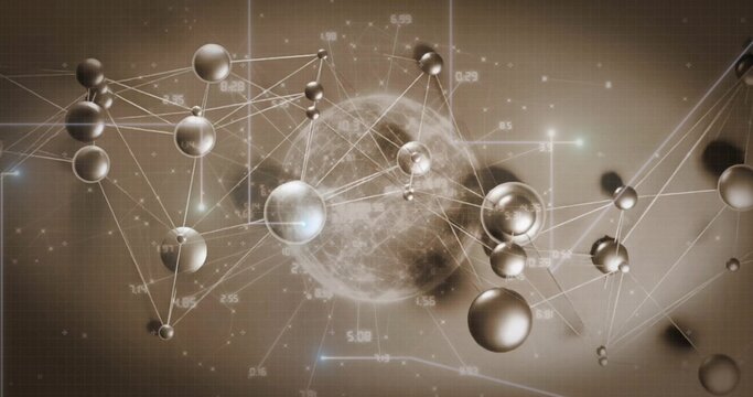 Naklejki Linking spheres and lines around core sphere into data network in space, with numeric readouts