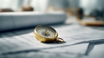 A vintage brass compass resting on architectural blueprints, symbolizing exploration and planning in design