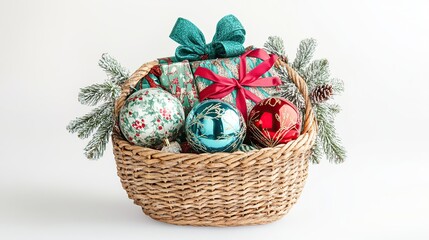 Close-up of Christmas gift basket with beautiful ornaments isolated on white background