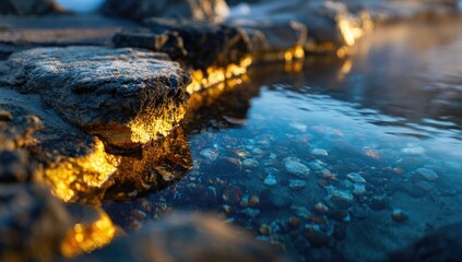 Obraz premium Clear hot spring water reflecting golden rocks