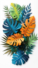 Tropical leaves collage in vibrant colorful retro design on white background