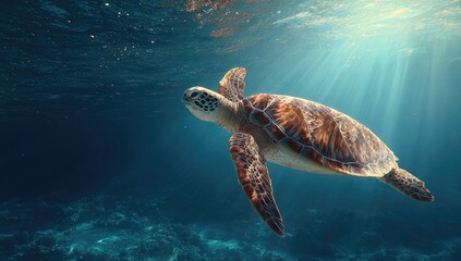 Obraz premium Sea turtle swims underwater, sunlight beams through water