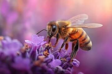 Close-up of a honeybee collecting nectar from vibrant lavender flowers in a colorful garden