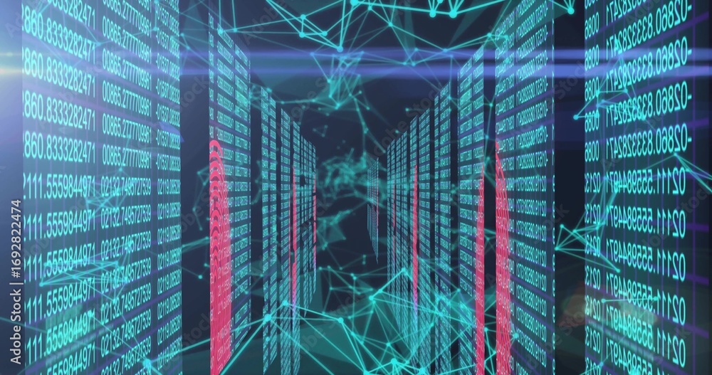 Aufkleber forming virtual data corridor in dark cyberspace, with network lines, code columns and nodes