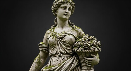Ancient statue of a woman holding a basket of flowers in a garden