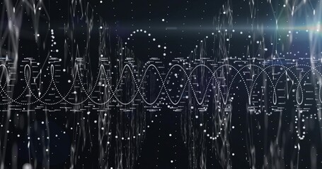 Displaying white dotted waveform structure in virtual space, with cascading dots and particles