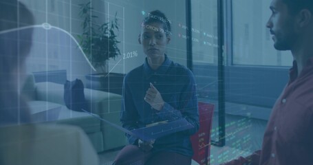 Gesturing central businesswoman presenting digital chart overlay in office lounge, with tablet