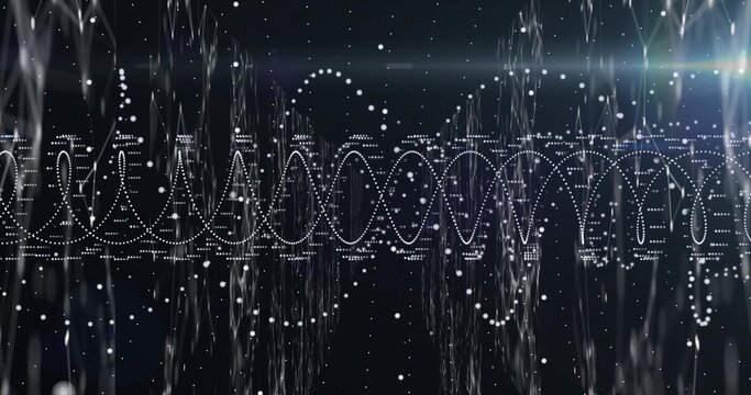 Displaying white dotted waveform structure in virtual space, with cascading dots and particles
