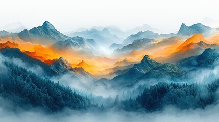 Morning view of a beautiful mountain landscape with fog and blue sky