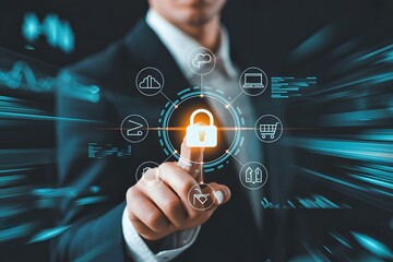 Businessman touching a digital padlock icon representing cybersecurity and data protection