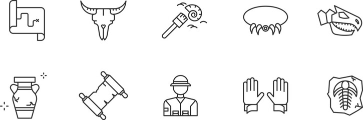 Fossil Item line Icon Set .  Ancient, dinosaur, bone, skeleton, prehistoric, museum, archaeology,  . Vector Illustration	
